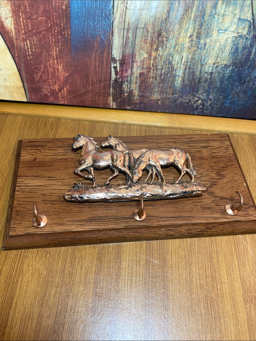 VINTAGE Western Wall Hook Plaque with Copper Horse Relief - Brown Wood